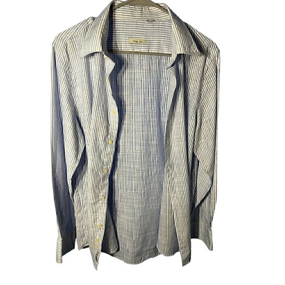 Lancellotti Mens Striped Long Sleeve Button-Up Shirt, 100% linen, med sheer, LG - Picture 3 of 8